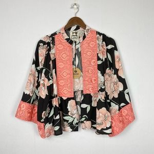 Jaase | NWT Black Floral Print Pink Embroidered Trim Open Cropped Kimono